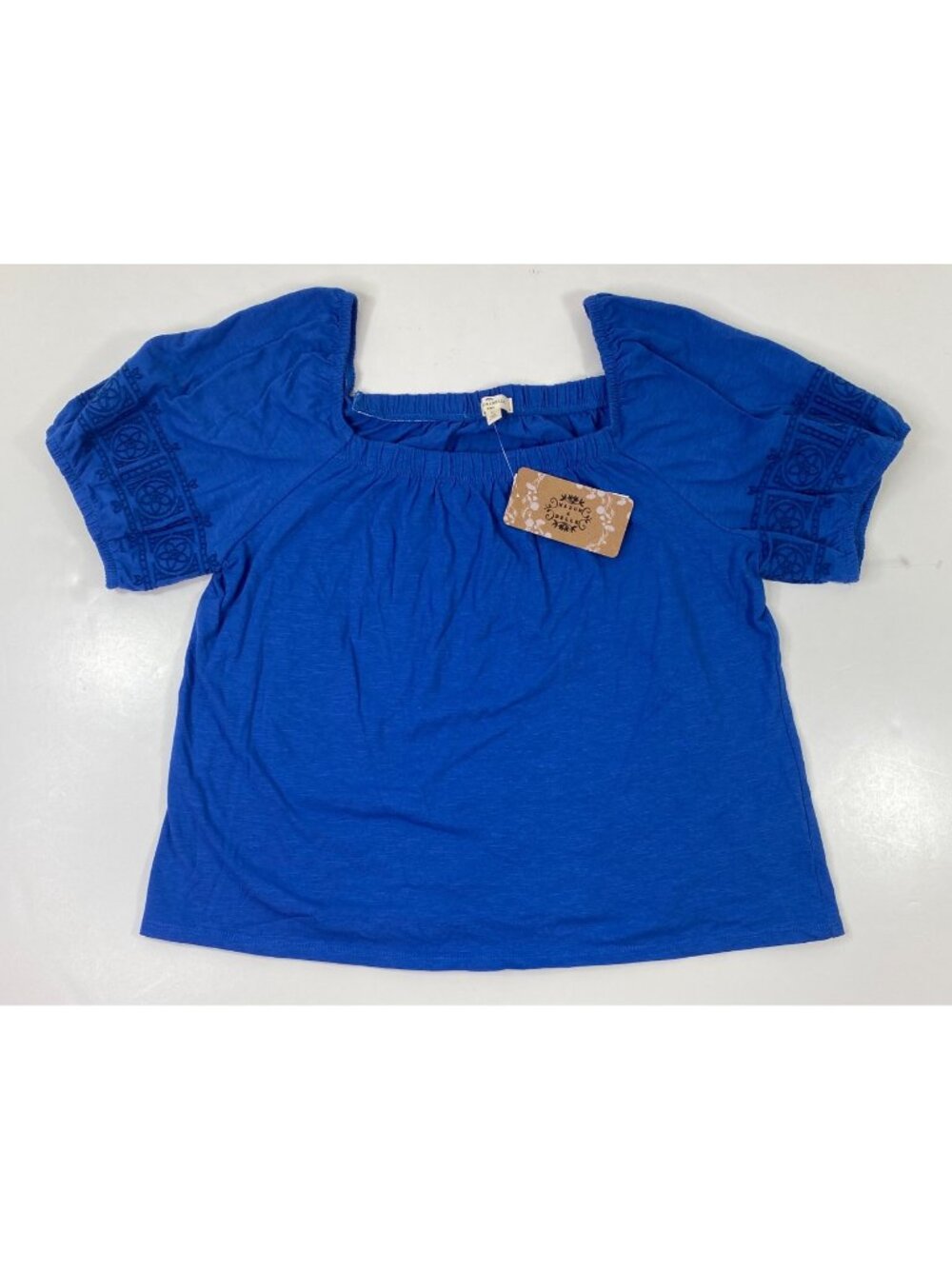 Mason & Belle Womens Blue Peasant Top Embroidered Sleeves Size Large